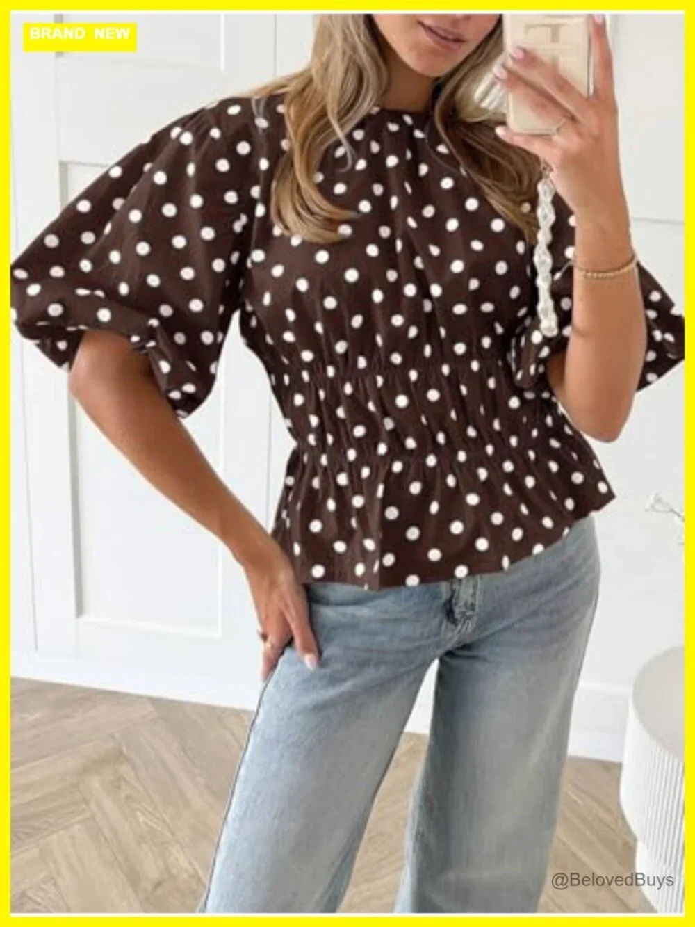 Polka Dots Peplum Top Puff Sleeve Round Neck Blouses Casual Shirts - Picture 3 of 7
